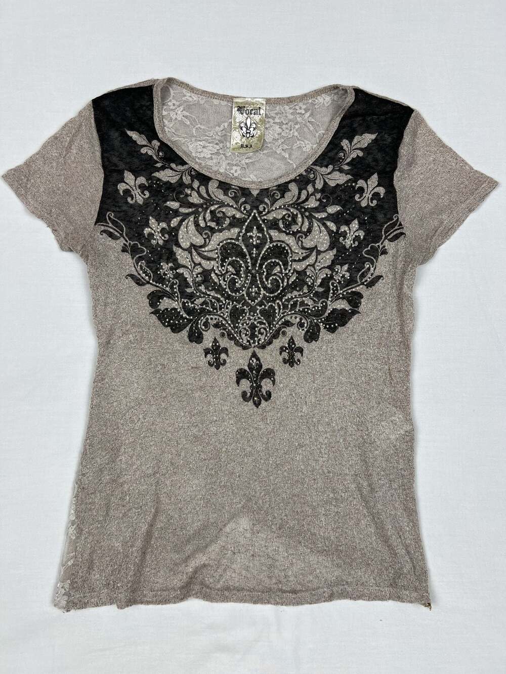 Vocal Rhinestone Studded Fleur De Lis Black Lace Top Shirt